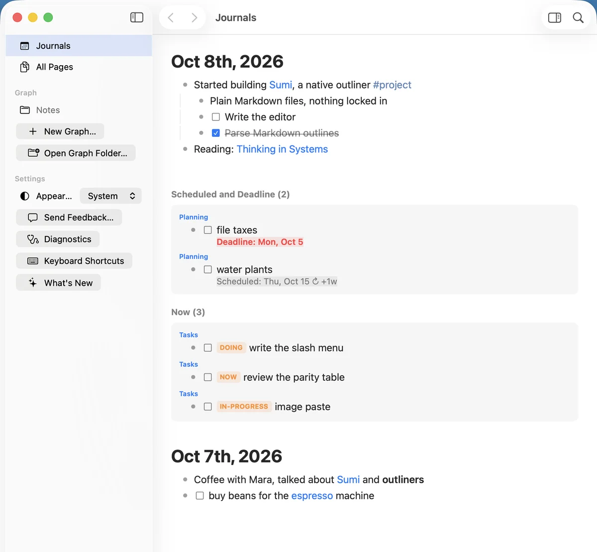 Sumi on the Mac: today's journal with scheduled tasks and a Now list