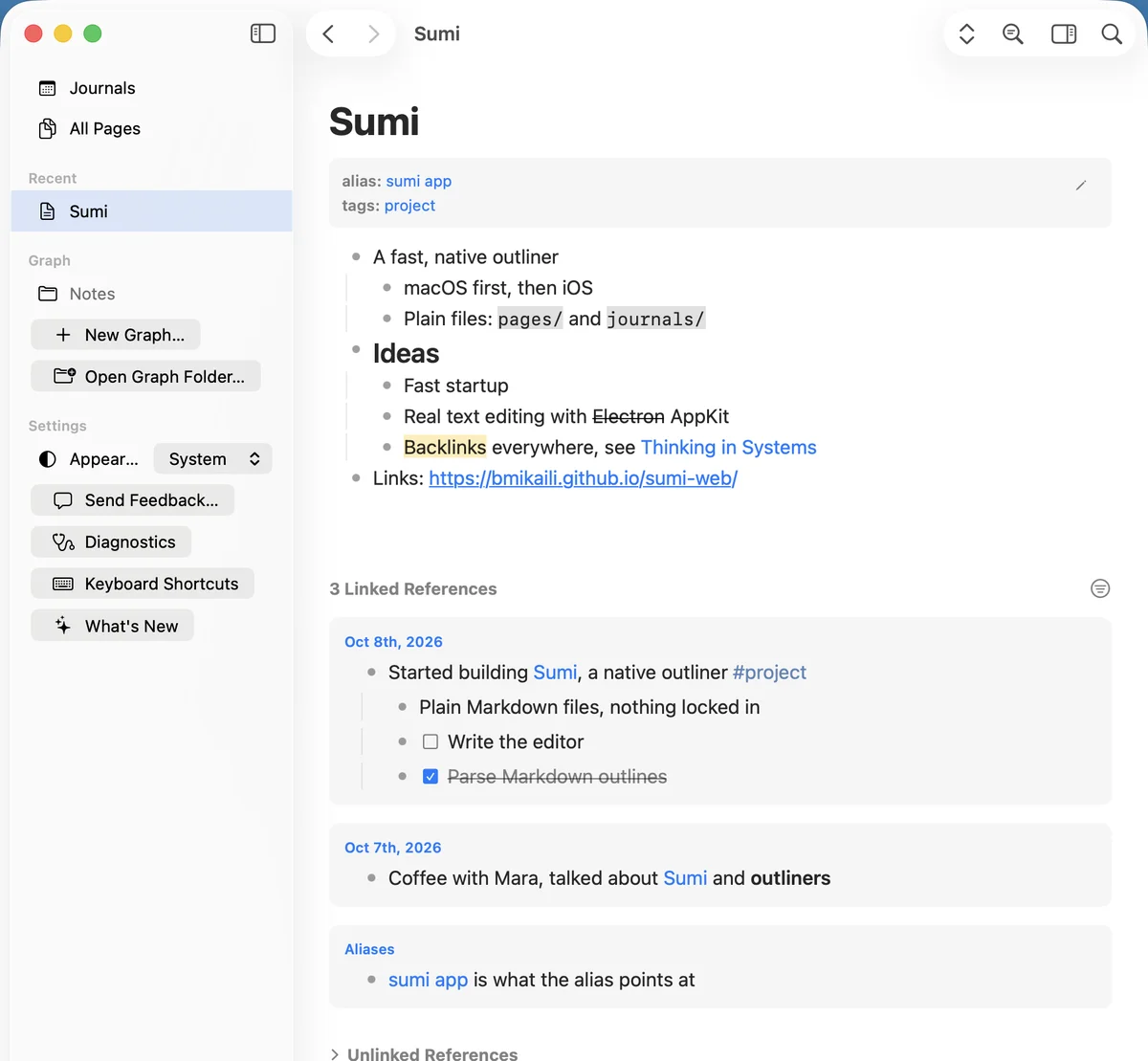 A page with properties, an outline and linked references